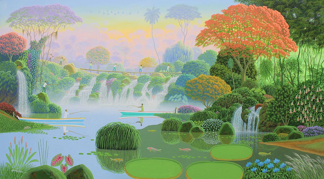 Pescadores atravessando a cachoeira